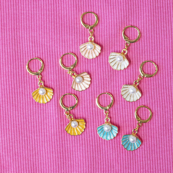 Image shows Pale pink, Ivory,Yellow and blue Enamel Shell Earrings with Pearl Detail