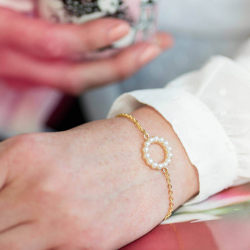 Model wears eternity pearl bracelet