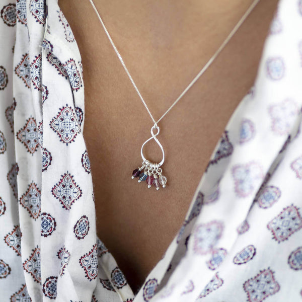 Image shows family model wearing eternity birthstone necklace