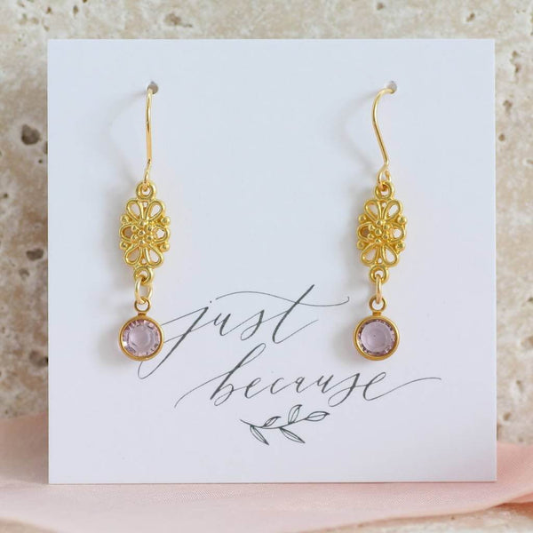 Image shows gold Filigree Swarovski Crystal Birthstone Earrings on just because sentiment card