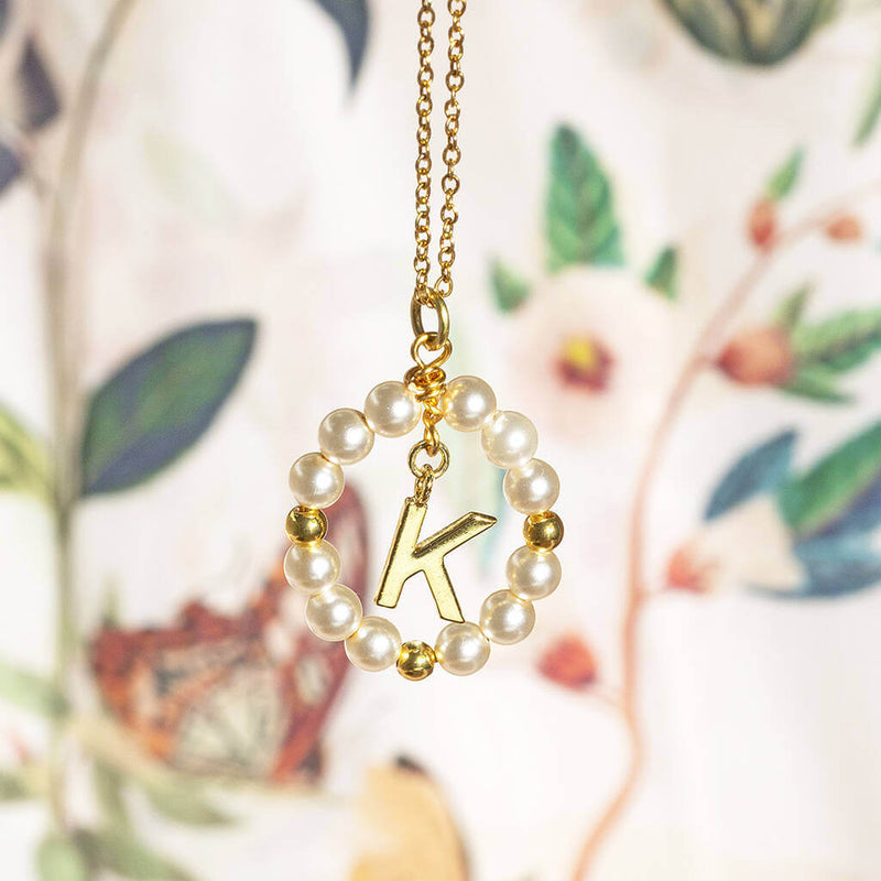 Image shows Framed Pearl Initial Charm Necklace with the initial K