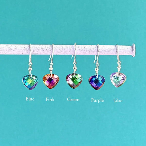 Image shows blue, pink, green, purple and lilac glam crystal  drop earrings