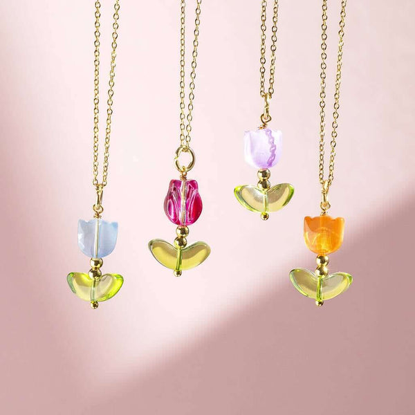 Image shows blue, pink, lilac and orange glass tulip necklace