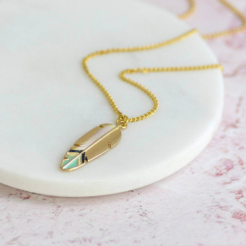 Image shows Gold Feather Enamel Necklace