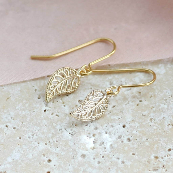 Image shows gold leaf filigree earrings