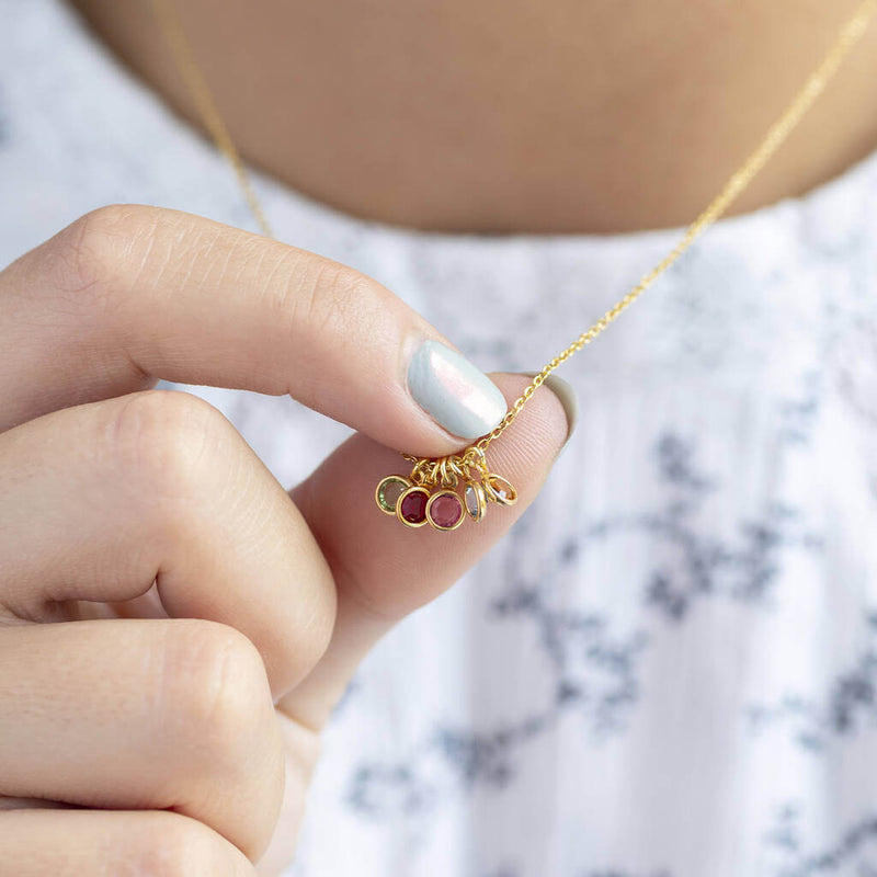 Image shows model holding gold mini family birthstone charm necklace
