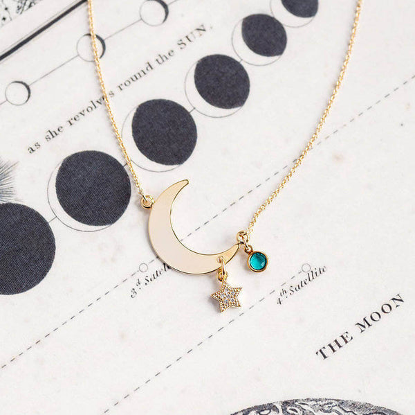 Image shows Gold Moon And Star Birthstone Charm Necklace