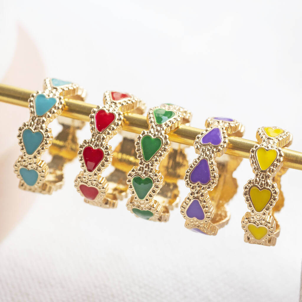 Image shows turquoise, red, green, purple and yellow Gold Plated Enamel Hearts Rings