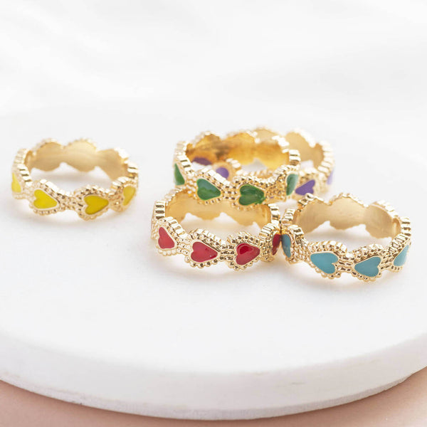 Image shows turquoise, red, green, purple and yellow Gold Plated Enamel Hearts Rings