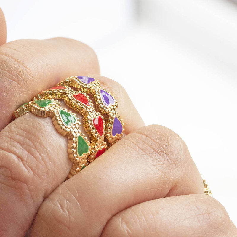 Image shows model wearing green, red and purple Image shows turquoise, red, green, purple and yellow Gold Plated Enamel Hearts Rings