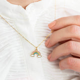 Image shows model wearing gold plated pastel rainbow necklace