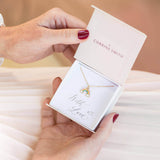 Image shows model holding  gold plated pastel rainbow necklace in a gift box on a with love sentiment card