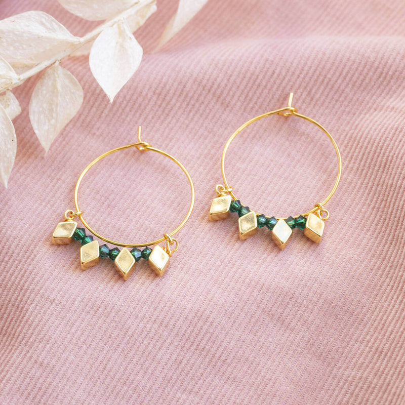Image shows  Gold Plated Rhombus And Birthstone Hoop Earrings with May birthstones