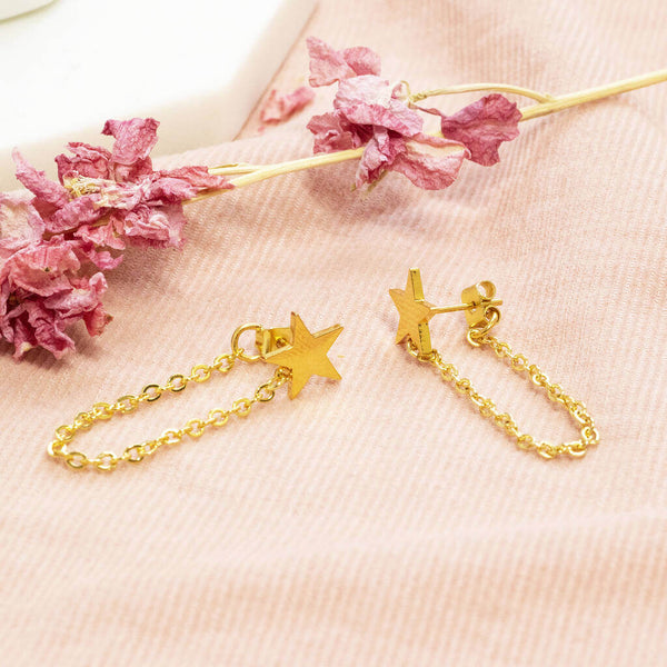 Image shows Gold Plated Star Earrings with Chain Drop Detail