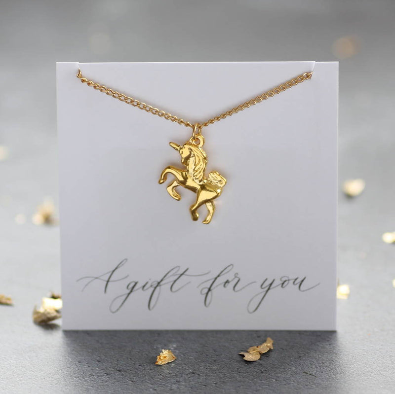 Image shows Gold Plated Unicorn Necklace on a gift for you sentiment card