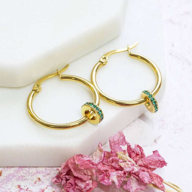 Image shows Gold Plated Birthstone Ring Hoop Earrings with May birthstone ring