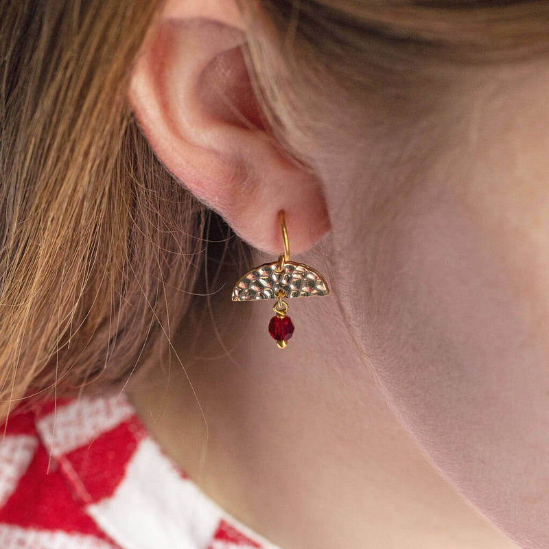 Image shows model wearing Hammered Semi Circle Birthstone Drop Earrings