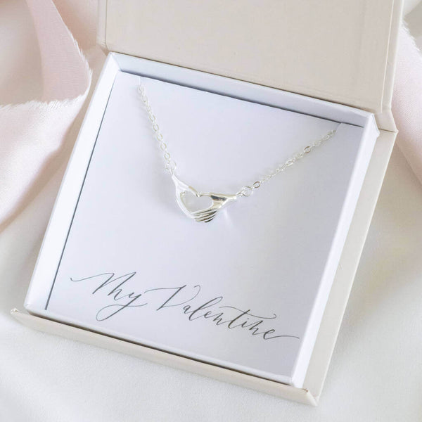 Image shows silver Hands in Love Sign Necklace in gift box on a My Valentine sentiment card