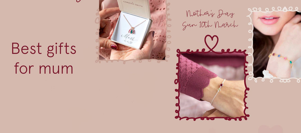 Text reads best gifts for mum Mothers day Sun 10th March Images show family birthstone bracelets and necklaces