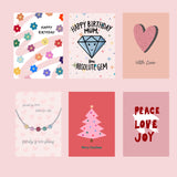 A selection of six colourful greeting cards including birthday, Christmas, and family birthstone designs, featuring cheerful illustrations and heartfelt messages.