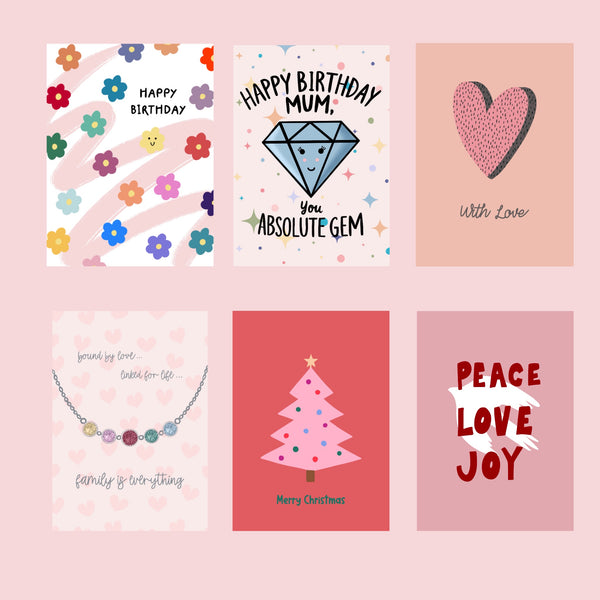 A selection of six colourful greeting cards including birthday, Christmas, and family birthstone designs, featuring cheerful illustrations and heartfelt messages.
