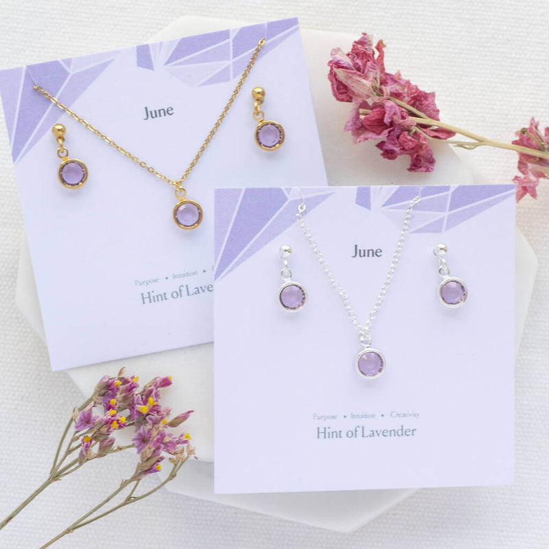 Image shows gold and silver June Birthstone Light Amethyst Jewellery Set