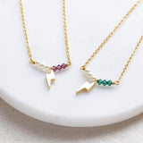 Image shows two Lightning Bolt Birthstone and Pearl Bar Necklaces