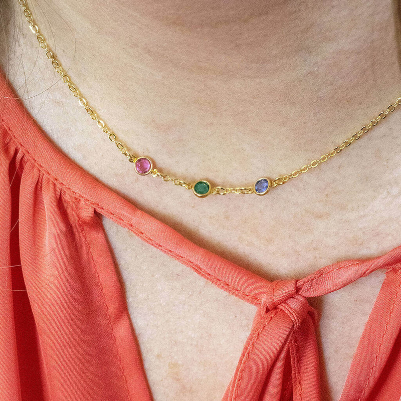 Image shows model wearing Mini Gold Plated Family Birthstone Link Necklace
