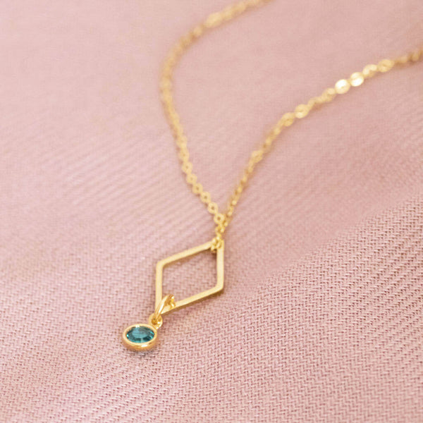 Image shows  minimalist gold rhombus birthstone charm necklace