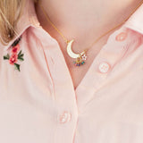 Image shows model wearing Moon And Star Family Birthstone Charm Necklace