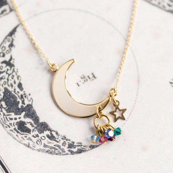 Image shows Moon And Star Family Birthstone Charm Necklace