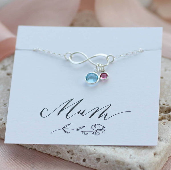 Image shows Mummy and Child Infinity Birthstone Bracelet on a Mum sentiment card