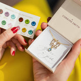 Image shows gold Open Lotus Birthstone Necklace in gift box on you're a gem sentiment card