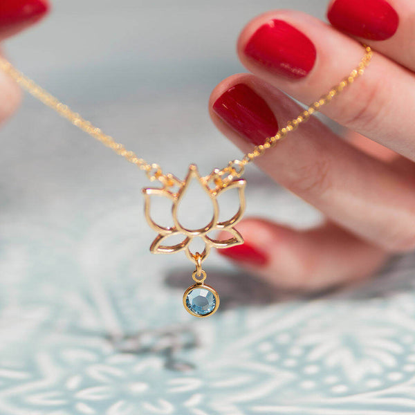 Image shows gold Open Lotus Birthstone Necklace