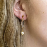 Model wears Oval Birthstone Earrings with Pearl Detail with April  birthstone
