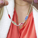 Image shows model holding silver Oval Family Birthstone Link Necklace