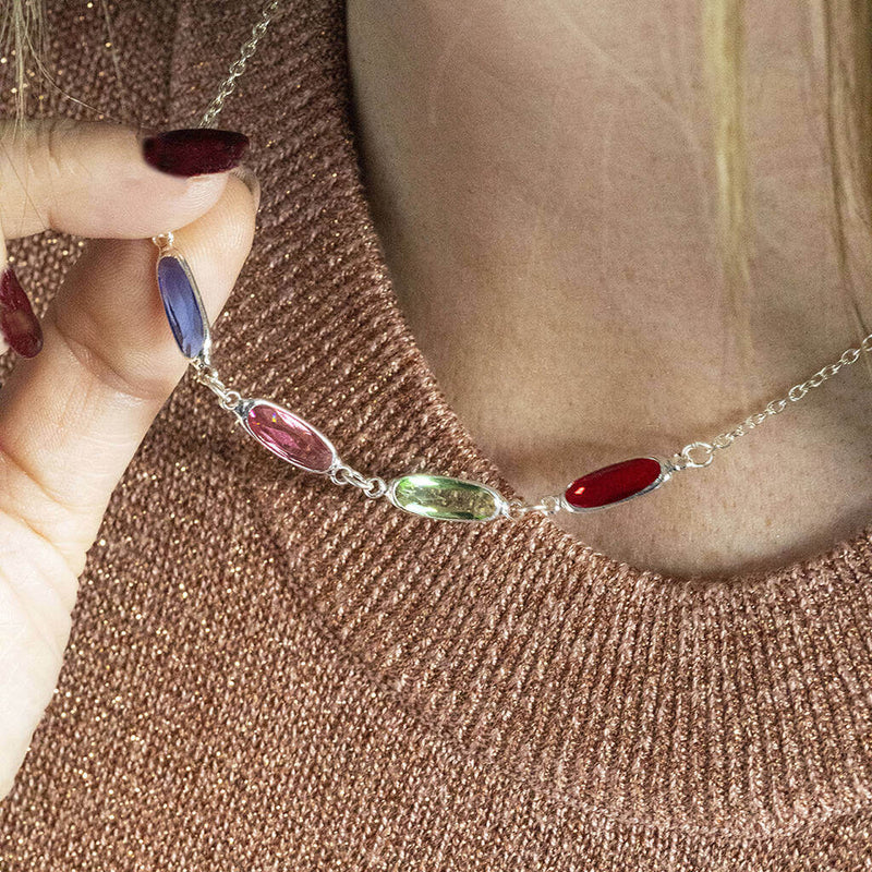 Image shows model wearing Oval Family Birthstone Link Necklace