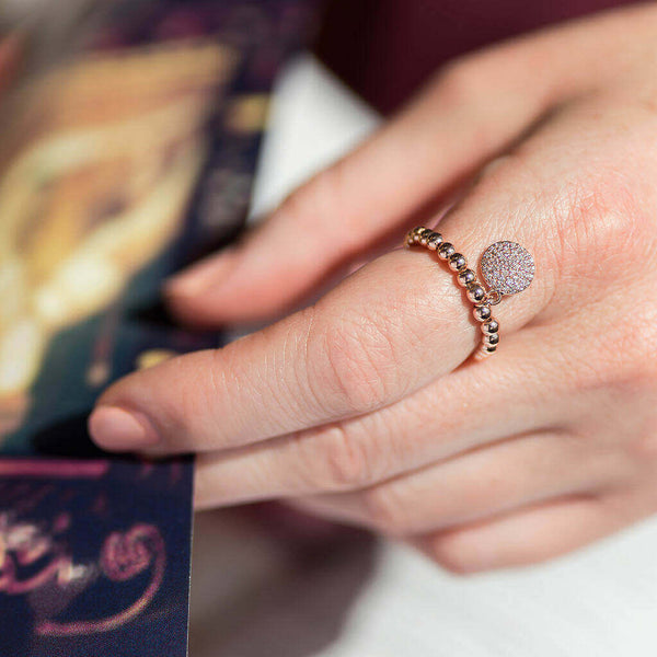 Image shows model wearing gold Pave Disc Beaded Charm Ring