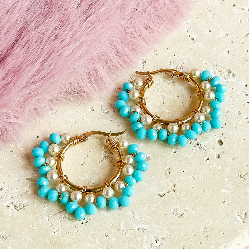 Image shows Pearl and Turquoise Beaded Crystal Hoops