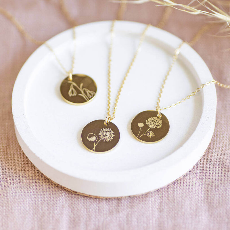 Image shows 3 Personalised Birth Flower Necklaces