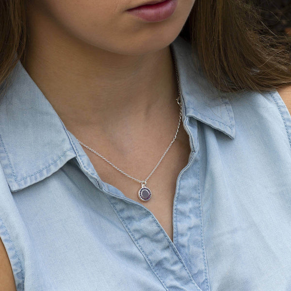 Image shows model wearing personalised birthstone disc pendant necklace 