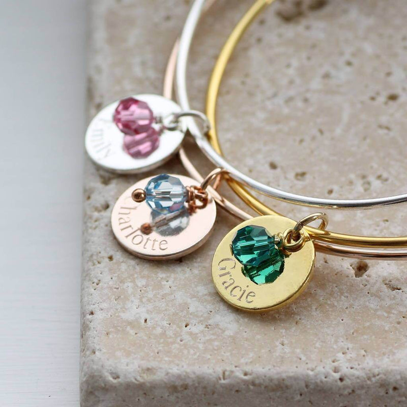 Image shows Silver,Rose gold and gold personalised engraved disc birthstone bangles
