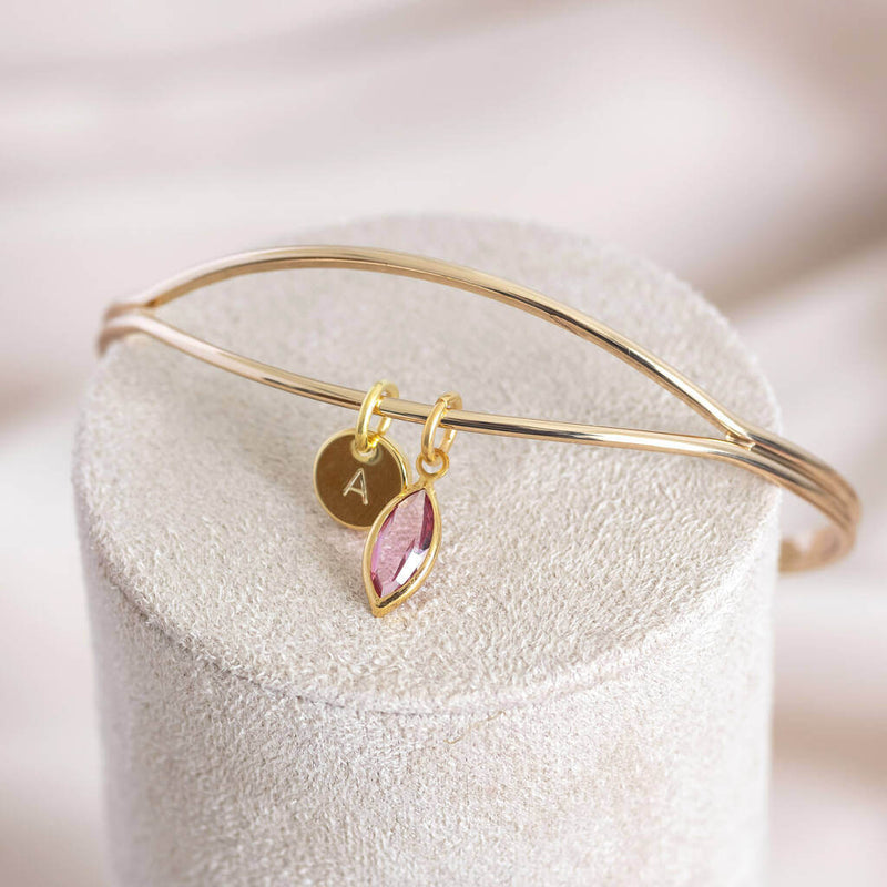 Image shows gold Personalised Open Cuff Bangle with Marquise Birthstone