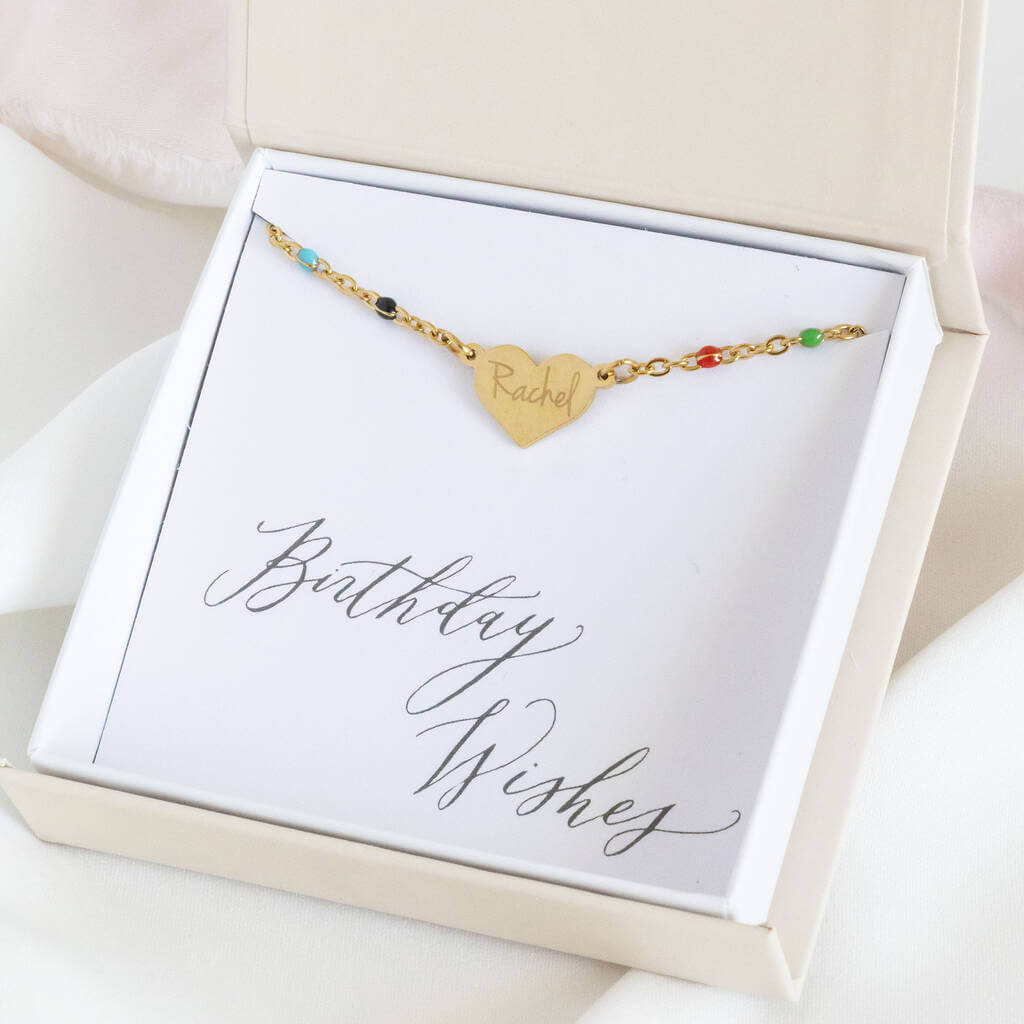 mage shows personalised rainbow enamel heart bracelet in a gift boson a birthday wishes sentiment card