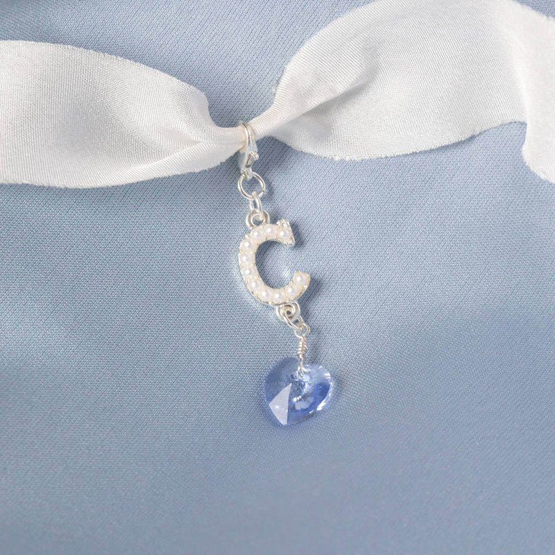 Personalised pearl initial something blue charm silver with the initial C attached to a bit of white chiffon