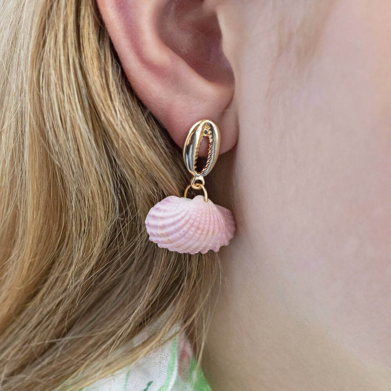 Image shows model wearing Pink Shell Drop Earrings