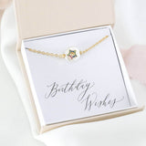 Image shows rainbow star flat pearl necklace in a gift box on a birthday wishes sentiment card