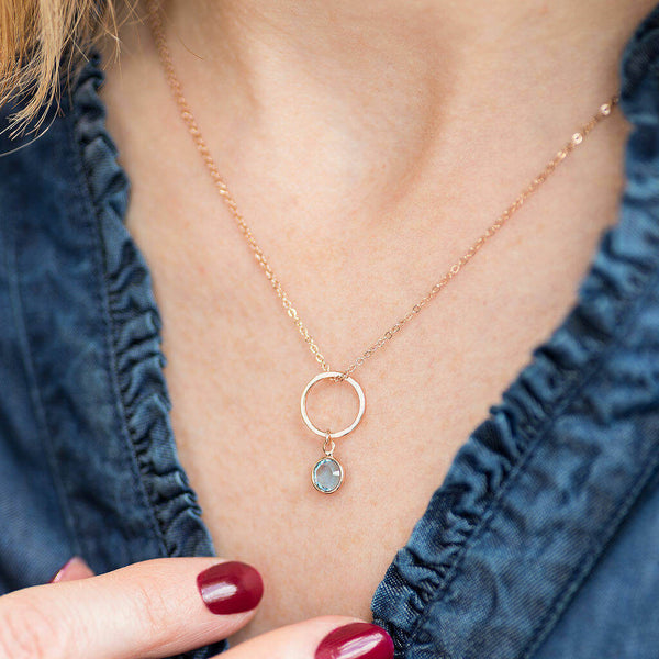 Image shows model wearing Rose Gold Circle Necklace With Birthstone Charm