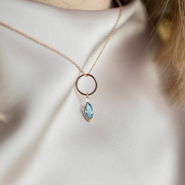 Image shows model wearing Rose Gold Circle Necklace with Marquise Birthstone