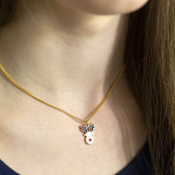 Image shows model wearing Rudolph Reindeer Necklace
